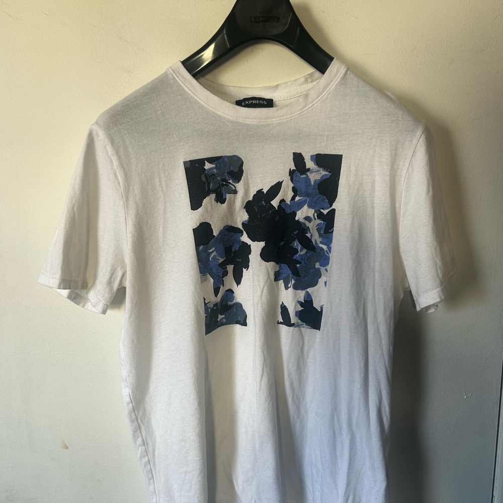 Express White T-Shirt with Blue Floral Design
